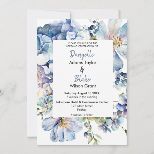 Hochzeitsfeier mit blauer Blüte Einladung (Vorderseite)