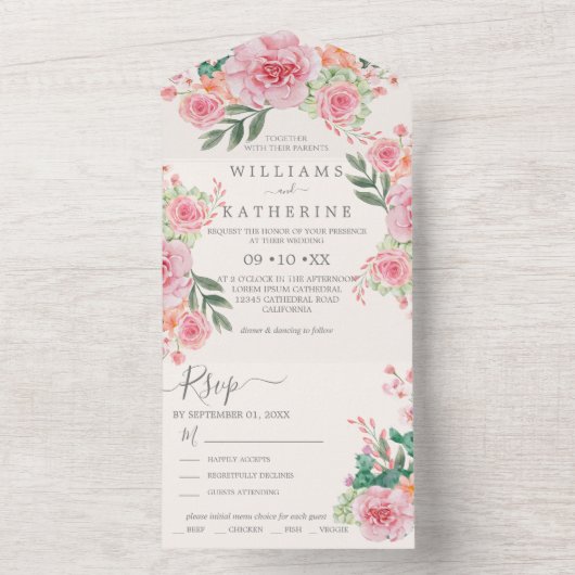 Hochzeitsfeier mit blauer Blüte Pink und Peach Flo All In One Einladung (Innen Boden)