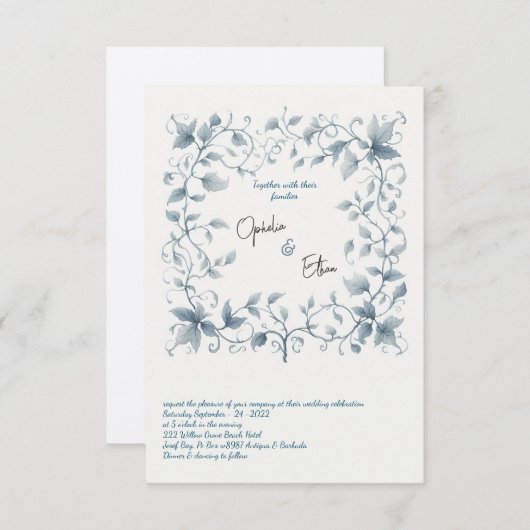 Hochzeitsfeier mit blauer Flora Einladung (Vorne/Hinten)