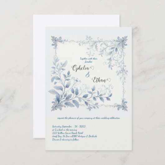 Hochzeitsfeier mit blauer Flora Einladung (Vorne/Hinten)