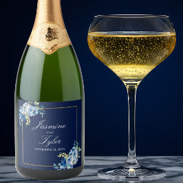 Hochzeitsfeier mit Blauer Gold-Blütenblüte Schaumweinetikett