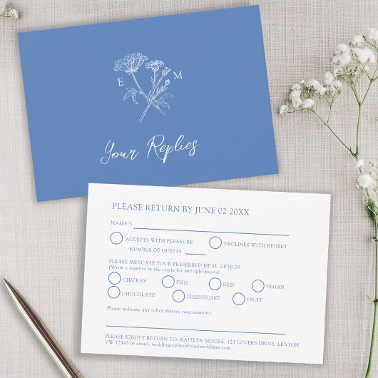 Hochzeitsfeier mit blauer Monogramm-Wildblume RSVP Karte