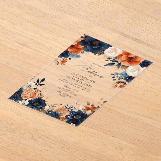 Hochzeitsfeier mit Blauer Navy, Burnt Orange & Cha Acryleinladungen (Ablage )
