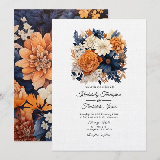 Hochzeitsfeier mit Blauer Navy, Burnt Orange & Cha Einladung (Vorne/Hinten)