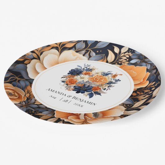 Hochzeitsfeier mit Blauer Navy, Burnt Orange & Cha Pappteller (Schrägansicht)