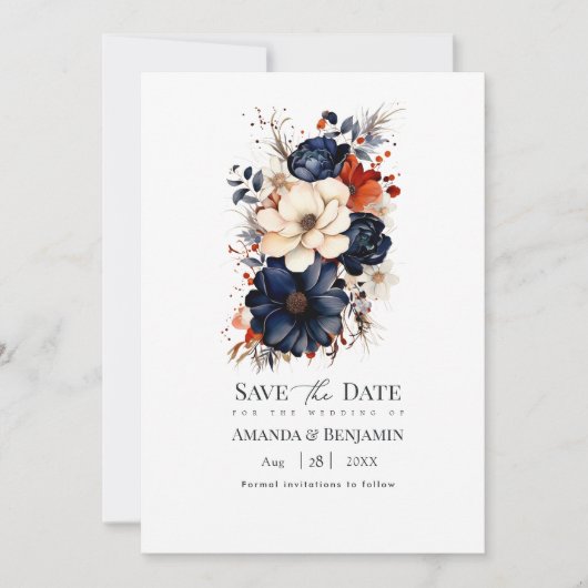 Hochzeitsfeier mit Blauer Navy, Burnt Orange & Cha Save The Date (Vorderseite)