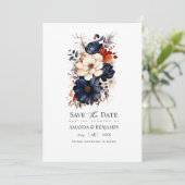 Hochzeitsfeier mit Blauer Navy, Burnt Orange & Cha Save The Date (Stehend Vorderseite)