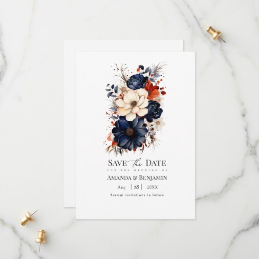 Hochzeitsfeier mit Blauer Navy, Burnt Orange & Cha Save The Date (Vorderseite/Rückseite Beispiel)