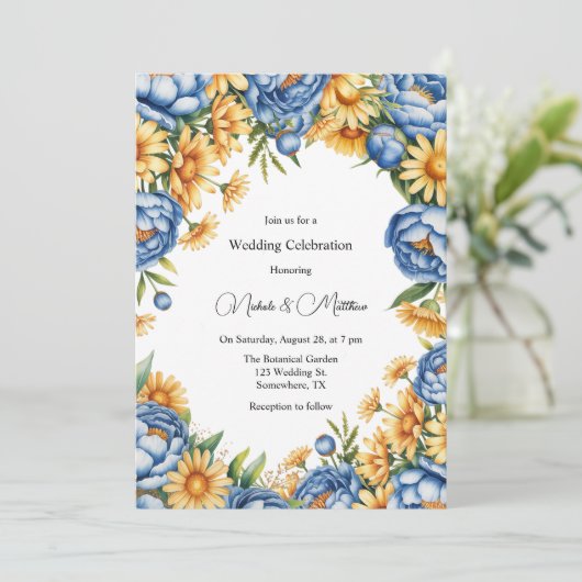 Hochzeitsfeier mit Blauer Peonie und Gelben Tälern Einladung (Stehend Vorderseite)