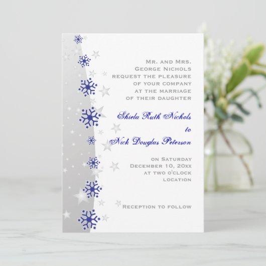 Hochzeitsfeier mit Blauer, Silbergrauer Schneefloc Einladung (Stehend Vorderseite)