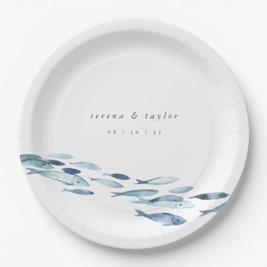 Hochzeitsfeier mit Blauer Wasserfarbe an der Küste Pappteller (Vorderseite)