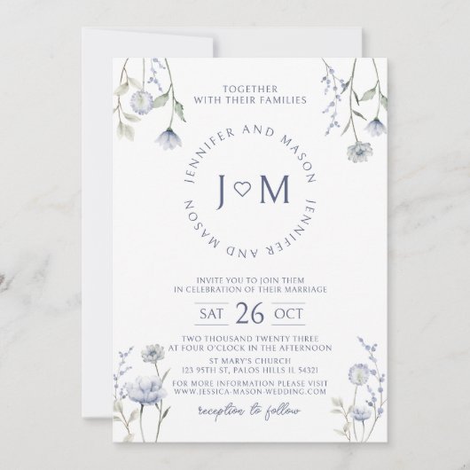 Hochzeitsfeier mit blauer Wildblume Einladung (Vorderseite)