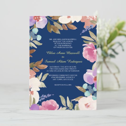 Hochzeitsfeier mit Blaufarbe Einladung (Stehend Vorderseite)