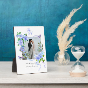 Hochzeitsfeier mit Blue Rose Ribbon Monogram Foto Fotoplatte