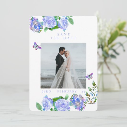 Hochzeitsfeier mit Blue Rose Ribbon Monogram Foto Save The Date (Stehend Vorderseite)