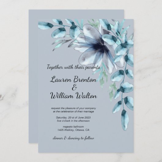 Hochzeitsfeier mit blühenden, dustigen, grauen Aqu Einladung (Vorne/Hinten)