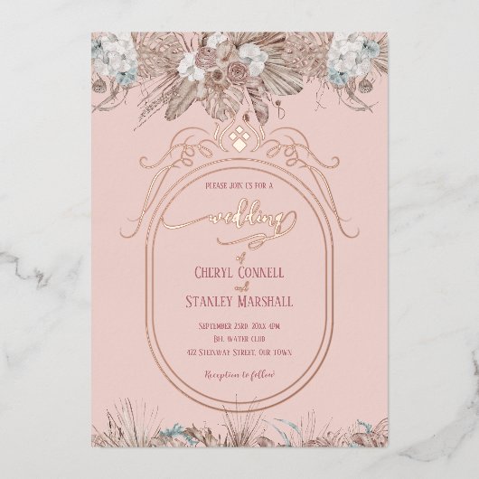 Hochzeitsfeier mit blühender Rose Folieneinladung (Vorderseite)