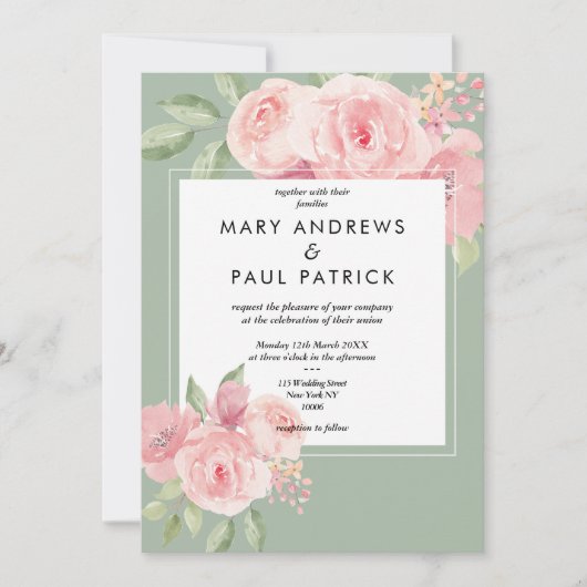Hochzeitsfeier mit Blumen in Rosa Einladung (Vorderseite)