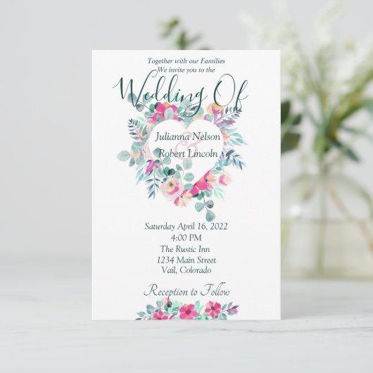 Hochzeitsfeier mit Blumen in Rosa Einladung (Stehend Vorderseite)