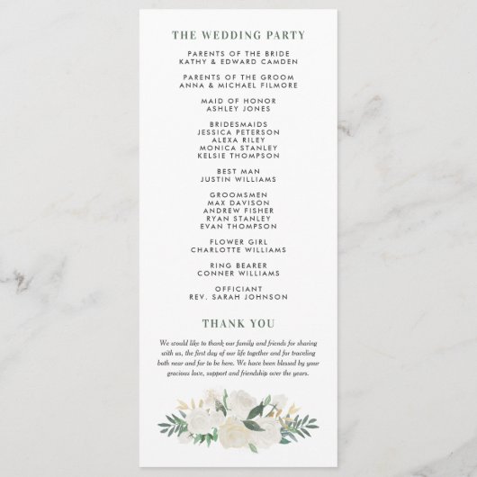 Hochzeitsfeier mit Blush Gold Blumengrün Programm (Rückseite)