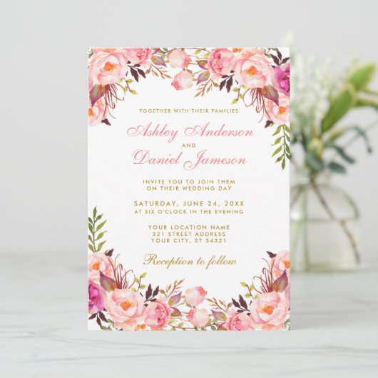 Hochzeitsfeier mit Blütenblütenblüte Einladung (Stehend Vorderseite)