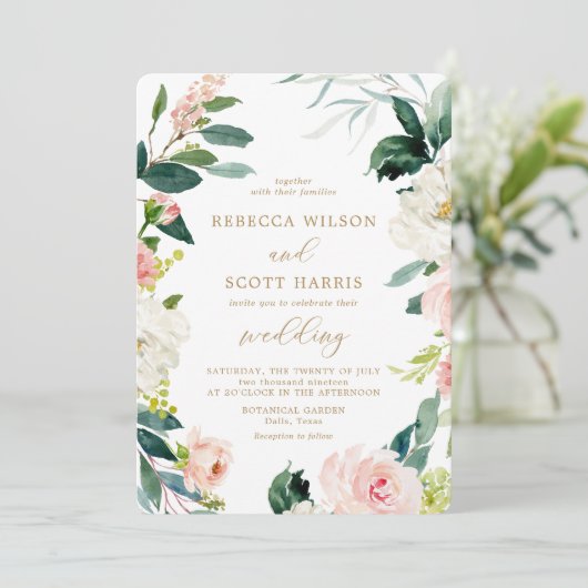 Hochzeitsfeier mit Blütenfarbe und goldener Wasser Einladung (Stehend Vorderseite)