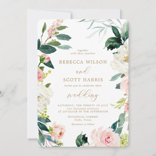 Hochzeitsfeier mit Blütenfarbe und goldener Wasser Einladung (Vorderseite)