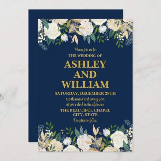 Hochzeitsfeier mit Bohemischem Grünen in Navy Blue Einladung (Vorne/Hinten)