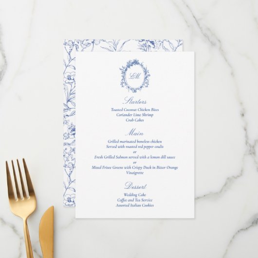 Hochzeitsfeier mit Botanischem Blau Chinoiserie Menükarte (Vorderseite/Rückseite Beispiel)
