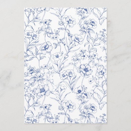 Hochzeitsfeier mit Botanischem Blau Chinoiserie Menükarte (Rückseite)