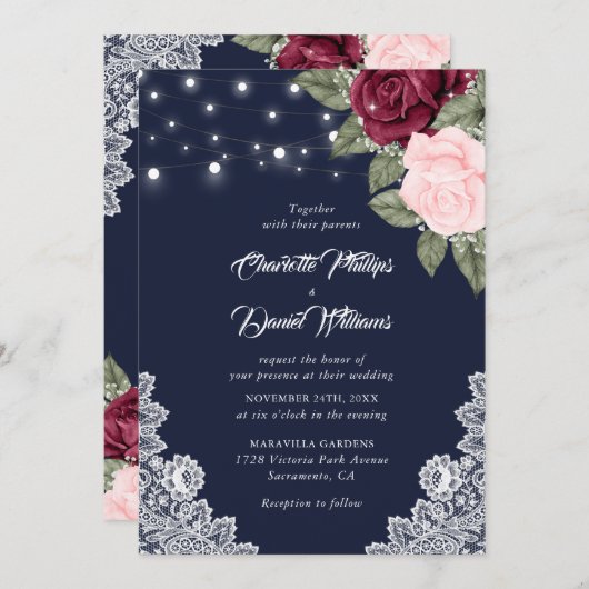 Hochzeitsfeier mit brauner, rustikaler Spitze Einladung (Vorne/Hinten)