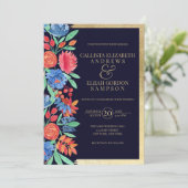 Hochzeitsfeier mit Coral Blue Gold Floral Einladung (Stehend Vorderseite)