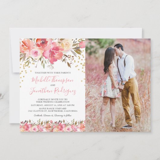 Hochzeitsfeier mit dem Foto "Watercolor Pink" Einladung (Vorderseite)