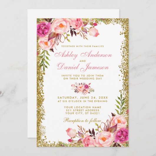 Hochzeitsfeier mit dem Glitzer "Watercolor Pink Bl Einladung (Vorne/Hinten)