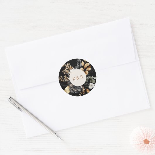 Hochzeitsfeier mit dem Schwarzen Gold Floral Runder Aufkleber (Umschlag)