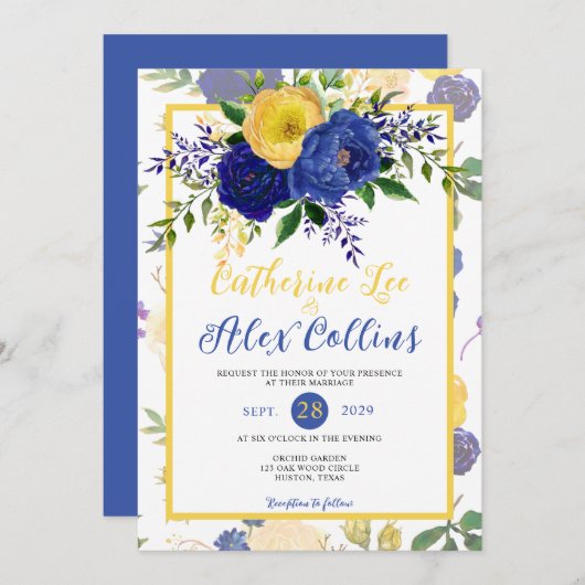 Hochzeitsfeier mit der Wasserfarbe der goldenen Bl Einladung (Vorne/Hinten)