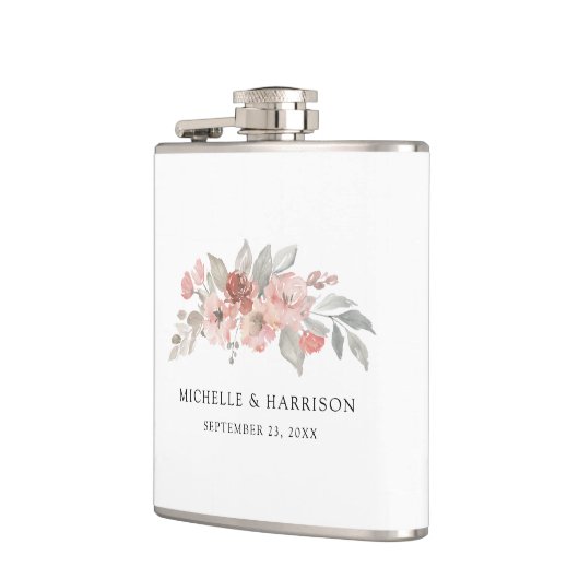 Hochzeitsfeier mit elegantem, rosafarbenem Wasser Flachmann (Links)