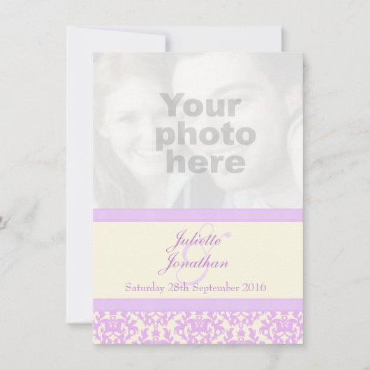Hochzeitsfeier mit feinem Lila und creme Einladung (Vorderseite)