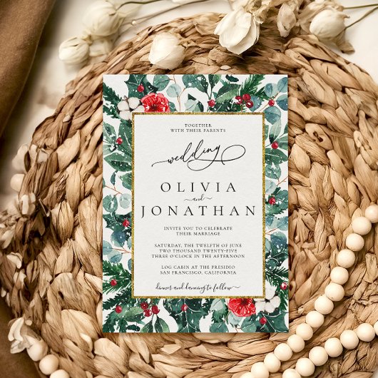 Hochzeitsfeier mit floralen Goldrahmen Einladung