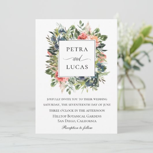 Hochzeitsfeier mit floralen Korallenbäumen Einladung (Stehend Vorderseite)