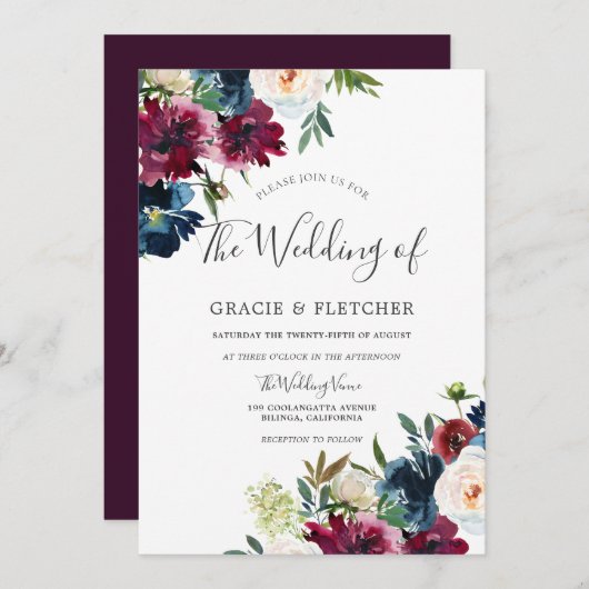 Hochzeitsfeier mit floralen Wasserfarben in Burgun Einladung (Vorne/Hinten)