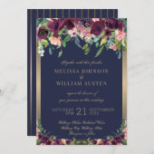 Hochzeitsfeier mit floralen Watercolor Navy Gold B Einladung (Vorne/Hinten)