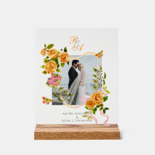 Hochzeitsfeier mit Foto der Gold Rose Ribbon Monog Acrylschild