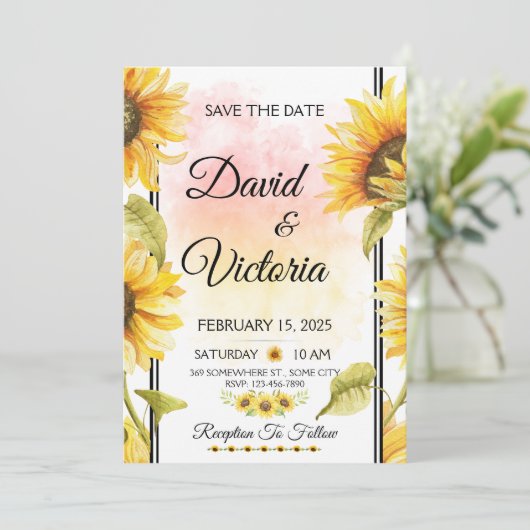 Hochzeitsfeier mit gelben und weißen Sonnenblumen  Einladung (Stehend Vorderseite)