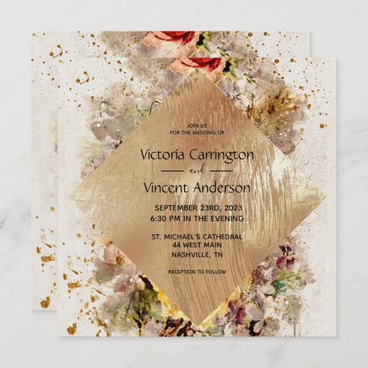 Hochzeitsfeier mit goldener Flora Einladung (Vorne/Hinten)