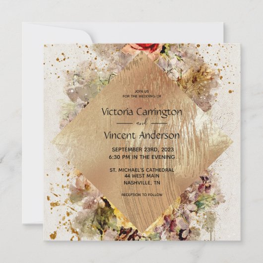 Hochzeitsfeier mit goldener Flora Einladung (Vorderseite)