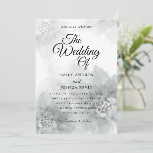 Hochzeitsfeier mit grauem Blumenwasser Einladung (Stehend Vorderseite)