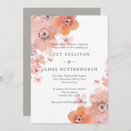 Hochzeitsfeier mit grauer Flora und Aquarellfarben Einladung (Vorne/Hinten)