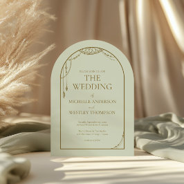 Hochzeitsfeier mit grünem Boho Beaded Arch Frame Einladung