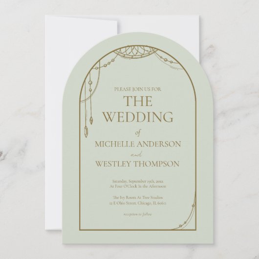 Hochzeitsfeier mit grünem Boho Beaded Arch Frame Einladung (Vorderseite)